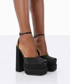 Public Desire UK Moonchild Black Satin Closed Toe Statement Platform Block Heels NEW IN