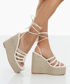 Public Desire UK Chakkra Ecru PU High Heeled Sandal Espadrilles Wedges