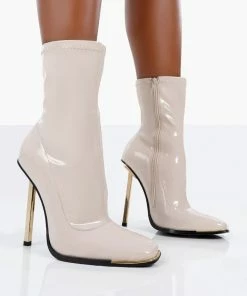 Public Desire UK Kenza X Public Desire Lou Lou Ecru Patent Stiletto Heel Sock Boots