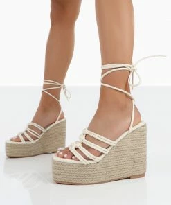 Public Desire UK Chakkra Ecru PU High Heeled Sandal Espadrilles Wedges