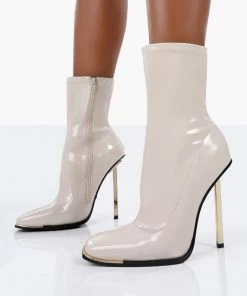 Public Desire UK Kenza X Public Desire Lou Lou Ecru Patent Stiletto Heel Sock Boots