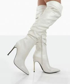 Public Desire UK LONG BOOTS Energy Ecru Croc PU Pointed Toe Over The Knee Heeled Boots