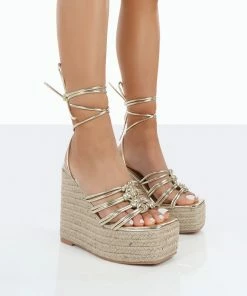 Public Desire UK NEW IN Chakkra Gold PU High Heeled Sandal Espadrilles Wedges