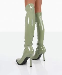 Public Desire UK Jenine Green Patent Over The Knee Stiletto Heeled Boots