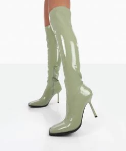 Public Desire UK Jenine Green Patent Over The Knee Stiletto Heeled Boots