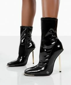 Public Desire UK Back In Stock Kenza X Public Desire Lou Lou Black Patent Stiletto Heel Sock Boots