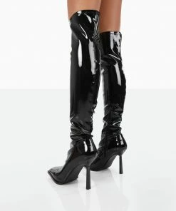 Public Desire UK Jenine Black Patent Over The Knee Stiletto Heeled Boots