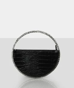 Public Desire UK The Alessia Black Croc Circle Diamante Mini Handbag