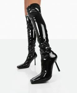Public Desire UK Jenine Black Patent Over The Knee Stiletto Heeled Boots