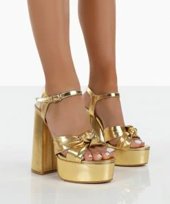 Public Desire UK Kiss Gold Pu Platform Sandal High Heels NEW IN