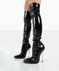 Public Desire UK Kenza X Public Desire Vicki Black Patent Over The Knee Stiletto Heeled Boots Back In Stock