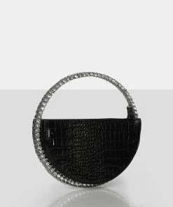 Public Desire UK The Alessia Black Croc Circle Diamante Mini Handbag