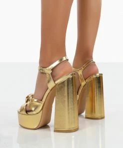 Public Desire UK Kiss Gold Pu Platform Sandal High Heels NEW IN