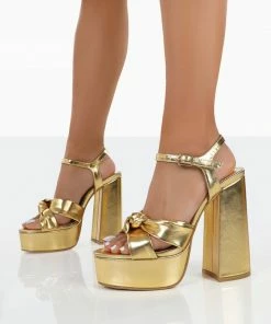 Public Desire UK Kiss Gold Pu Platform Sandal High Heels NEW IN
