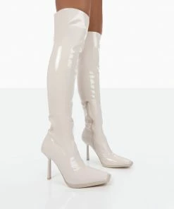 Public Desire UK Long Boots Jenine Ecru Patent Over The Knee Stiletto Heeled Boots