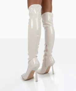 Public Desire UK Long Boots Jenine Ecru Patent Over The Knee Stiletto Heeled Boots