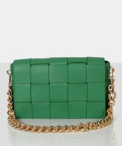 Public Desire UK CROSSBODY AND SHOULDER BAGS The Mayan Green Weave Gold Chain Detail Shoulder Bag