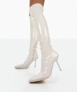Public Desire UK Long Boots Jenine Ecru Patent Over The Knee Stiletto Heeled Boots