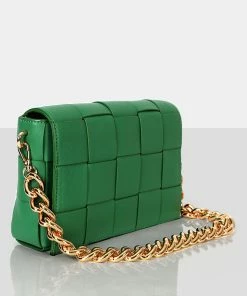Public Desire UK CROSSBODY AND SHOULDER BAGS The Mayan Green Weave Gold Chain Detail Shoulder Bag
