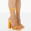 Public Desire UK Berry Orange Croc Square Toe Strappy Lace Up Block Heels