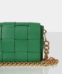 Public Desire UK CROSSBODY AND SHOULDER BAGS The Mayan Green Weave Gold Chain Detail Shoulder Bag