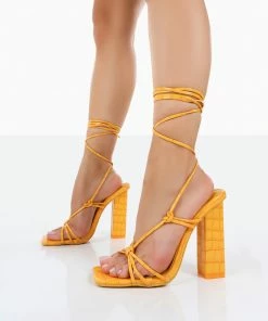 Public Desire UK Berry Orange Croc Square Toe Strappy Lace Up Block Heels