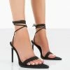 Public Desire UK Summer Memories Black Linen Strappy Lace Up Pointed Toe Stiletto Heels