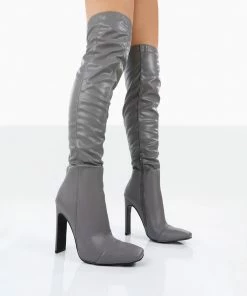 Public Desire UK Long Boots Kenza X Public Desire Pyrite Grey Patent Over The Knee Heeled Boots