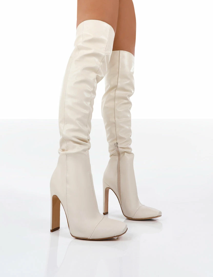 Public Desire UK Pyrite Ecru Patent Over The Knee Heeled Boots 1 Public Desire UK Pyrite Ecru Patent Over The Knee Heeled Boots