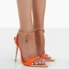 Public Desire UK Triumph Orange Patent Gold PU Lock Chain Detail Stiletto Heels