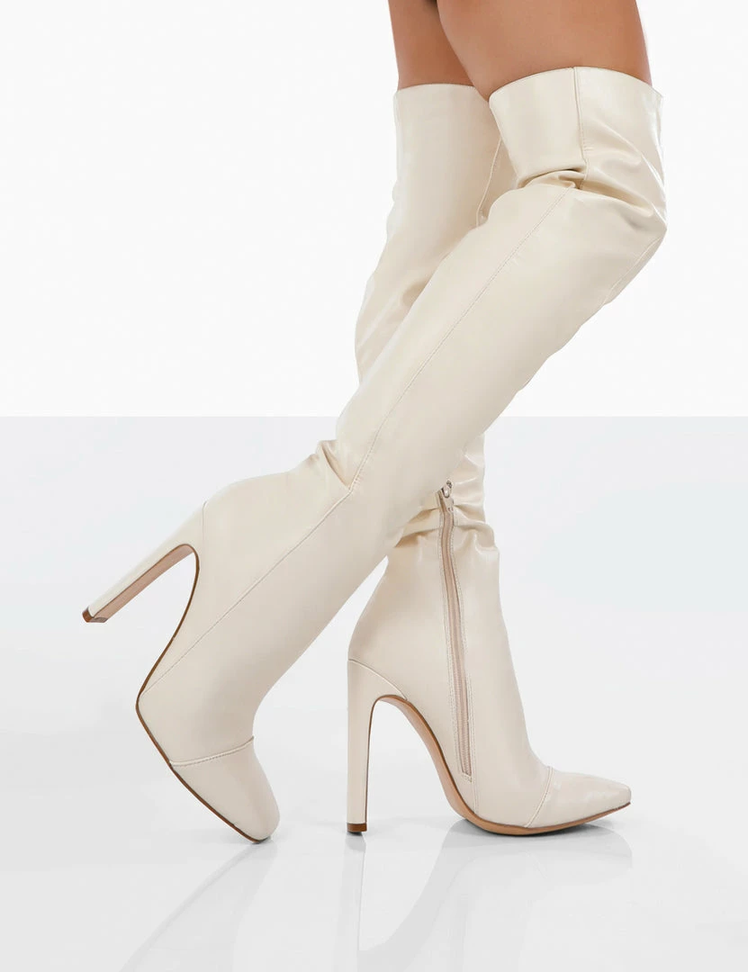 Public Desire UK Pyrite Ecru Patent Over The Knee Heeled Boots 3 Public Desire UK Pyrite Ecru Patent Over The Knee Heeled Boots