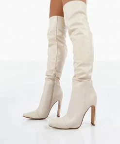 Public Desire UK Pyrite Ecru Patent Over The Knee Heeled Boots 7 Public Desire UK Pyrite Ecru Patent Over The Knee Heeled Boots