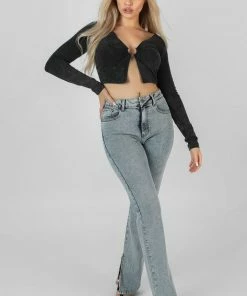 Public Desire UK KAIIA CLOTHING Long Sleeve Bullring Detail Crop Top Black