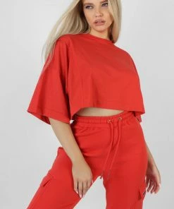 Public Desire UK Exposed Seam Oversized Cropped T-Shirt Red KAIIA CLOTHING
