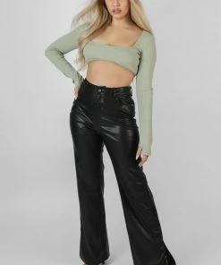 Public Desire UK KAIIA CLOTHING Ribbed Underbust Square Neck Crop Top Khaki