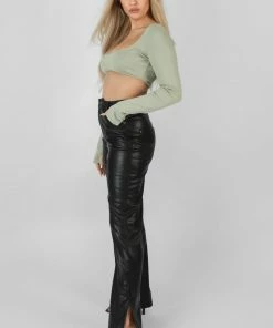 Public Desire UK KAIIA CLOTHING Ribbed Underbust Square Neck Crop Top Khaki