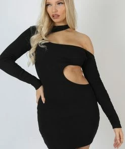Public Desire UK Cut Out Detail Ribbed Dress Black KAIIA CLOTHING