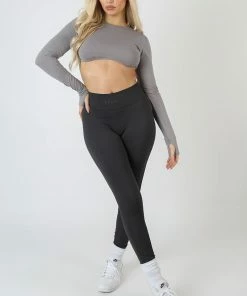 Public Desire UK Long Sleeve Underbust Top Dark Grey