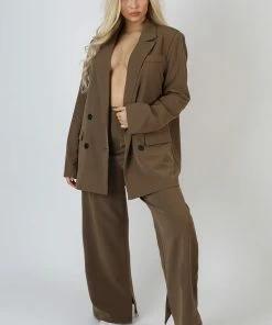 Public Desire UK Wide Leg Split Hem Tailored Trousers Mushroom KAIIA CLOTHING