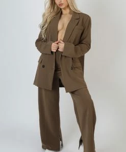 Public Desire UK Oversized Longline Double Breasted Pocket Detail Blazer Mushroom