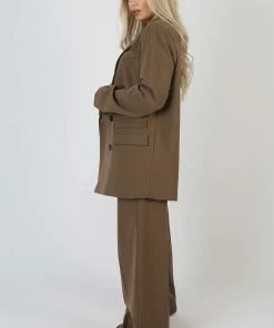 Public Desire UK Oversized Longline Double Breasted Pocket Detail Blazer Mushroom