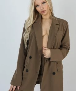 Public Desire UK Oversized Longline Double Breasted Pocket Detail Blazer Mushroom