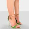 Public Desire UK Triumph Olive Patent Gold PU Lock Chain Detail Stiletto Heels
