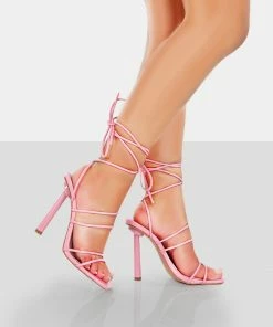 Public Desire UK Make Way Pink Patent Strappy Lace Up Square Toe Stilettos Heels