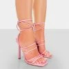 Public Desire UK Make Way Pink Patent Strappy Lace Up Square Toe Stilettos Heels