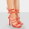 Public Desire UK Make Way Orange Patent Strappy Lace Up Square Toe Stilettos Heels