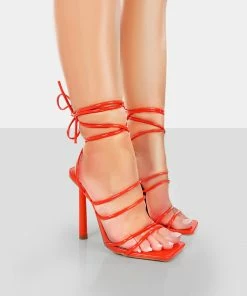 Public Desire UK Make Way Orange Patent Strappy Lace Up Square Toe Stilettos Heels