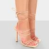Public Desire UK Make Way Nude Patent Strappy Lace Up Square Toe Stilettos