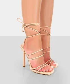 Public Desire UK Make Way Nude Patent Strappy Lace Up Square Toe Stilettos