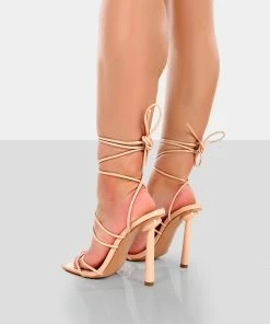 Public Desire UK Make Way Nude Patent Strappy Lace Up Square Toe Stilettos